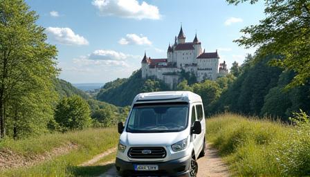 A family car parked with a scenic Czech castle in the background.