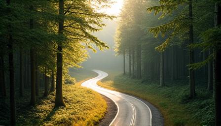 A car driving on a winding road through a Czech forest.