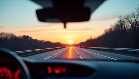 A view from inside a car driving on a motorway at dusk.